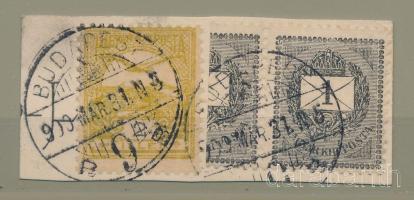 1900 Krajcár-Turul vegyes bérmentesítés kivágáson felezett 1kr + Turul 2kr "BUDAPEST"