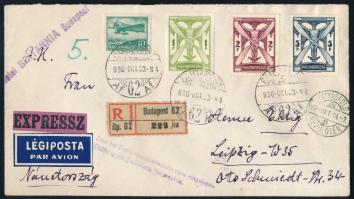 1936 Ajánlott expressz légi levél Repülő (II.) 10f, 1P, 2P, 5P bélyegekkel "BUDAPEST" - "LEIPZIG"
