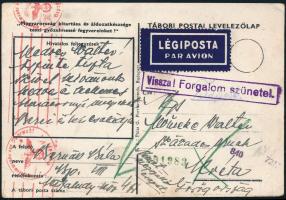 1943 Cenzúrázott légi levelezőlap Krétára, "Vissza! Forgalom szünetel."