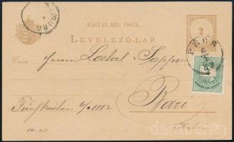 1883 2kr díjjegyes levelezőlap 3kr kiegészítéssel Olaszországba