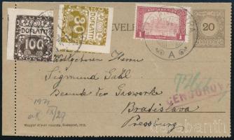 1921 Cenzúrázott zárt levelezőlap Pressburgba, portóval / Censored PS-cover card to Bratislava with postage due