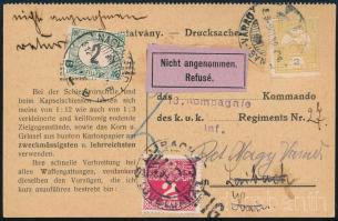 1912 Nyomtatvány Turul 2f bérmentesítéssel Laibachba osztrák portóval, majd visszaküldve, 2f portóval / Printed matter with 2f franking to Laibach with Austrian postage due, then sent back, wi