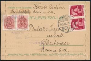 1945 (1. díjszabás) Zárt levelezőlap Szombathelyről Hatvanba 60f bérmentesítéssel és 80f portóval / PS-cover card with 80f postage due