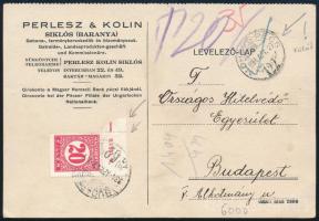 1934 Levél Siklósról Budapestre "MOHÁCS-PÉCS" vasúti mozgóposta bélyegzéssel és 20f portóval / Postcard with 20f postage due and railway postmark