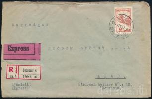 1933 Ajánlott expressz levél Repülő 2P bérmentesítéssel Aradra küldve, 6 db Abonyi Jenő levélzáróval / Express registered cover with 2P franking to Arad