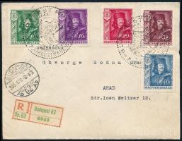 1935 Ajánlott levél II. Rákóczi Ferenc teljes sorral bérmentesítve Aradra küldve, elsőnapi bélyegzéssel