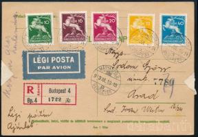 1933 Cserkész sor ajánlott légi levelezőlapon Aradra küldve / Mi 511-515 set on registered airmail cover to Arad