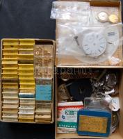 Tartalmas nagy órás tétel: bontatlan alkatrészek, számlapok, óraszerkezetek / Watc-repair lot of watch parts