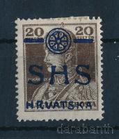SHS 1918 Károly 20f fekete felülnyomás helyett kék színű felülnyomással, Bodor vizsgálójellel