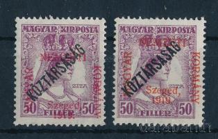 Szeged 1919 2 db Zita / Köztársaság 50f bélyeg egyik kármin, másik cinóber színű felülnyomással, Bodor vizsgálójellel (6.400)