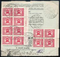 1933 Szállítólevél Budapestről készpénzes bérmentesítéssel, 120f portóval "HEJŐCSABA" / Parcel card with 12 postage due stamps