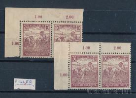 1920 Arató 10f 2 db ívsarki párban a jobb oldali bélyegeken a fillér szó alatt ismétlődő lemezhiva
