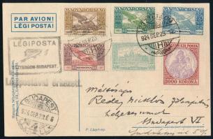 1924 Légi képeslap az I. Filatelista Napról érdekes bérmentesítéssel, Rédey Miklósnak címezve