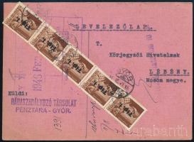 1946 (7. díjszabás) Távolsági levelezőlap Tlp.I./4f ötöscsíkkal bérmentesítve, közte eltömődött P betű