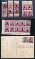 1931-1932 Kisegítő bélyegek (I.) + (II.) 10 db bélyeg + 10-es tömb ívszéli jelzésekkel, közte kettős fogazás + képeslap