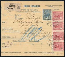 1917 Csomagszállító 4 x 1K bélyeggel Bécsbe, 5h portóval / Parcel card with 4 x 1K franking to Vienna, with 5h postage due stamp