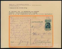 1945 (3. díjszabás) Levelezőlap 6P bérmentesítéssel Nagykanizsáról Budapestre