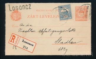 1906 Ajánlott díjjegyes zárt levelezőlap 25f kiegészítéssel "LOSONCZ"