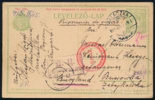 1915 Díjjegyes levelezőlap cenzúrázva "MALACZKA"