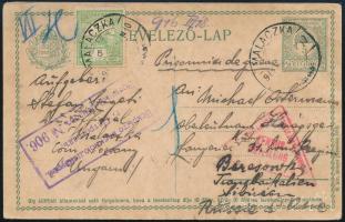 1915 Cenzúrázott levelezőlap hadifogolynak Szibériába/ Censored PS-card "MALACZKA" to prisoner of war in Beresowka / Siberia