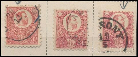 1871 3 db Réznyomat 5kr festékfoltokkal