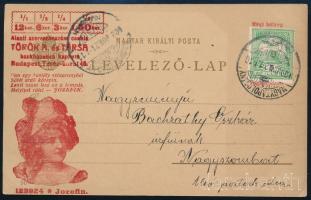 1909 Török és Társa - Jozefin felülnyomású futott milleniumi díjjegyes képeslap Turul 5f bélyeggel felülbérmentesítve, Nagyszombatra küldve