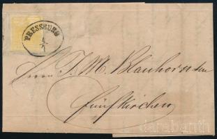 1856 Nyomtatvány 1kr bélyeggel. A bélyeget az eredeti nyomtatványból kivágták, majd később visszaragasztották "PRESSBURG" / Printed matter with 1kr stamp. The stamp was cut out of