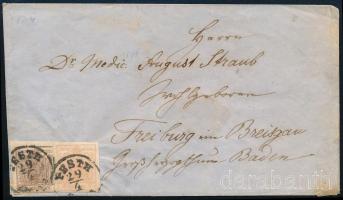 1850 3kr + 6kr levélen / on cover "PESTH" - Freiburg