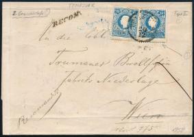 1858 2 x 15kr I. levélen, hátul eltépett 10kr "TEMESVÁR" / 2 x 15kr type I. on cover, demaged 10kr on the backside