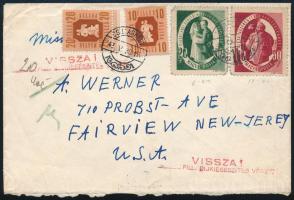 1947 Levél az USA-ba, hiányos bérmentesítés miatt visszaküldve, a bérmentesítés kiegészítve