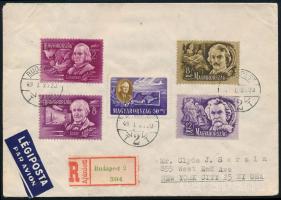 1949 Ajánlott légi levél 5 klf bélyeggel + a hátoldalon további 5 bélyeggel bérmentesítve, az USA-ba küldve