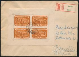1948 Ajánlott levél Belgiumba Bélyegnap kisívvel + a hátoldalon 12 db bélyeggel / Registered cover to Belgium with Mi 999 minisheet