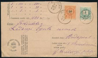 1891 Hiányos pénzeslevél Színesszámú 3kr és Feketeszámú 50kr bélyeggel "BEODRA"