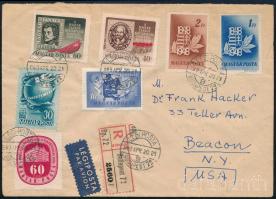 1949 Ajánlott légi levél 7 klf bélyeggel bérmentesítve, az USA-ba küldve / Registered airmail cover with 7 stamps sent to the USA