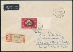1950 UPU vágott ívszéli bélyeg ajánlott légi levélen az USA-ba küldve / Mi 1111 imperforated stamp on cover to the USA