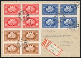 1949 UPU "C" sor négyestömbökben ajánlott levélen / Mi 1056-1058 type "C" blocks of 4 on registered cover