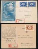 1949 UPU 1Ft pár \"C\" változatban ajánlott levélen + 2Ft \"C\" változat ajánlott levelezőlapon / Mi 1057 type \"C\" pair on registered cover + Mi 1058 type \"C\"