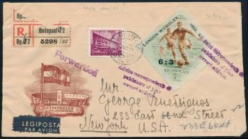 1953 Labdarúgó 6:3 bélyeg ajánlott légi levélen az USA-ba, továbbküldve