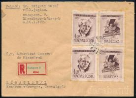 1955 Bélyegnap 2 db szelvényes bélyeg négyestömbben, ajánlott levélen / Mi 1452Zf block of 4 on registered cover