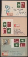 1958 A szocialista országok postaügyi minisztereinek értekezlete I. négyestömb vagy pár 3 db ajánlott levélen / Mi 1532-1533 on 3 registered covers