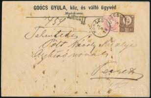 1875 Réznyomat 15kr és Színesszámú 5kr vegyes bérmentesítés 2 latos ajánlott levélen Mohácsról Pécsre, hátoldalon levélzáróval / Mi 12 + 17 mixed franking on registered cover from &qu