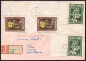 1950 Virág I. 40f ívsarki és üresmezős bélyeg + 60f ívközéprészes pár ajánlott levélen / Mi 1113 with blank field + Mi 1114 gutter pair on registered cover