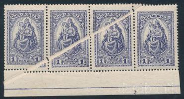 1926 Keskeny Madonna 1P ívszéli négyescsík, mind a 4 bélyegen átmenő óriási papírránccal / Mi 427 margin stripe of 4 with large paper crease