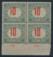 1915 Pirosszámú Zöldportó 10f ívszéli négyestömb elcsúszott értékszámokkal / Mi P 40 margin block of 4 with shifted numbers
