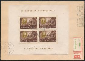 1949 Roosevelt 20f kisív ajánlott levélen / Mi 990 minisheet on registered cover
