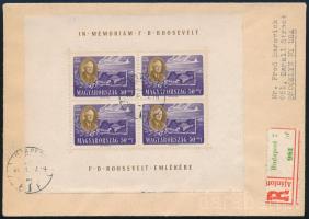 1949 Roosevelt 50f kisív ajánlott levélen / Mi 991 minisheet on registered cover