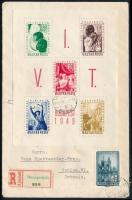 1949 VIT I. blokk ajánlott levélen / Mi 16 block on registered cover