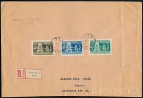 1949 Lánchíd 3 klf vágott érték ajánlott levélen / Mi 1059, 1061 + 1063 imperforated stamps on registered cover