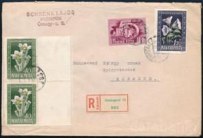 1950 Virág I. 40f üresmezős pár + 1,70Ft ajánlott levélen / Mi 1113 pair with blank fields + Mi 1116 on registered cover