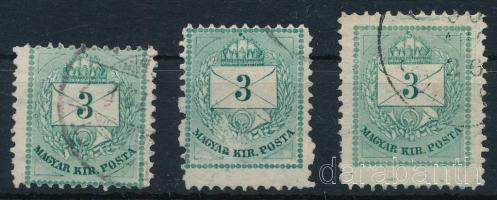 1881 3 db 3kr latvanyosan elfogazva, eltero meretekben